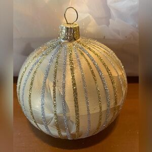 Vintage Gold Glass Christmas Bauble Medium Glitter Stripe Round Hanging Decor 3"